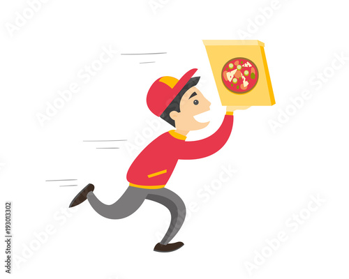 Young caucasian white pizza delivery boy running with cardboard box with pizza. Concept of food delivery and fast food. Vector cartoon illustration isolated on white background. Square layout.