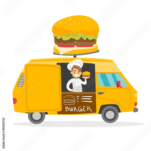 Young happy caucasian white street seller selling burgers. Burger foodtruck with chef. Small business and street food concept. Vector cartoon illustration isolated on white background. Square layout.