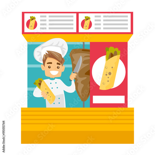 Young happy caucasian white chef preparing shaurma in a street kiosk. Small business and oriental fast food concept. Vector cartoon illustration isolated on white background. Square layout.