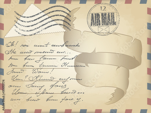 vector realistic old vintage card template with slanted lines on the edges of red and blue. waving spiral ribbon. hash triangular postage stamp. unreadable text with beautiful handwriting