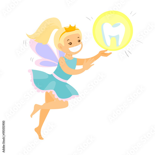 Cute caucasian white blonde tooth fairy with wings flying with tooth. Young tooth fairy in blue dress and crown carrying tooth. Vector cartoon illustration isolated on white background. Square layout.