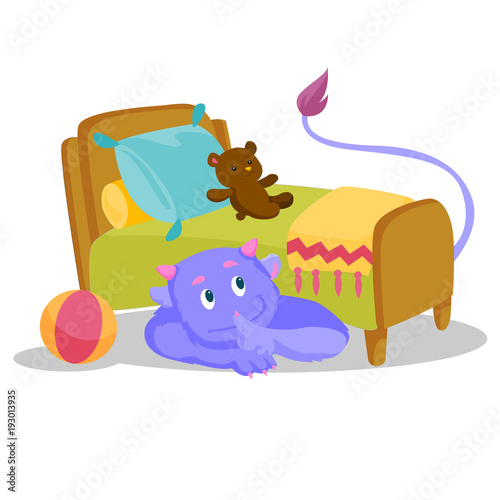 Cute purple monster with tail hiding under the bed and putting finger up to his lips. Monster showing silence sign under the bed of a child. Vector cartoon illustration isolated on white background. © Visual Generation