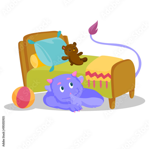 Cute purple monster with tail hiding under the bed and putting finger up to his lips. Monster showing silence sign under the bed of a child. Vector cartoon illustration isolated on white background.