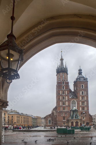 Market square with st Mary cathedral in Krakow, Poland