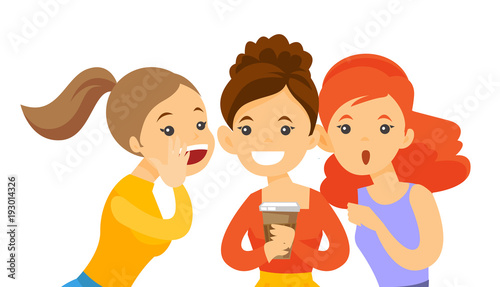 Young caucasian white woman shielding her mouth and whispering a gossip to her friends. Three women discussing gossips. Vector cartoon illustration isolated on white background. Horizontal layout.