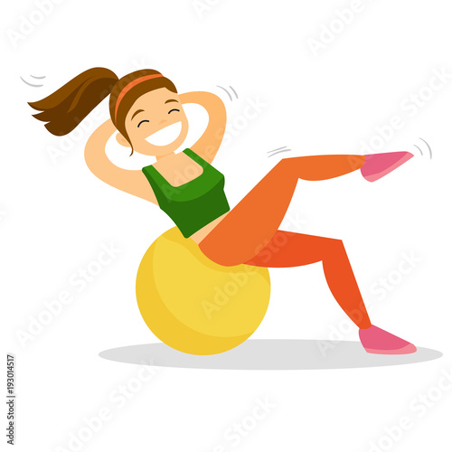 Young happy caucasian white woman doing exercises on a fitball. Sportswoman doing crunches on a fitball. Healthy lifestyle and sport concept. Vector cartoon illustration isolated on white background.
