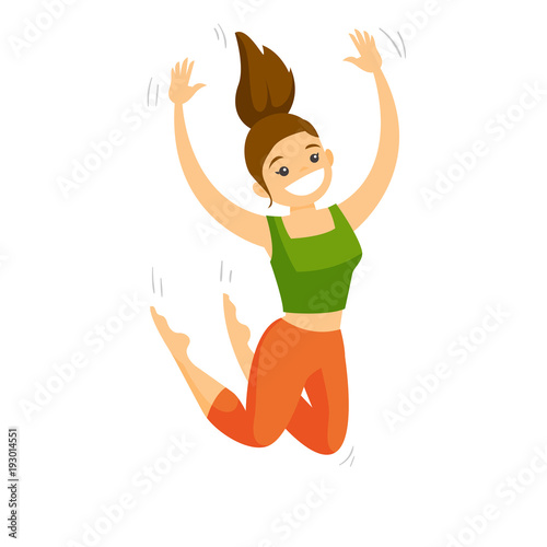Young joyful caucasian white woman in sportswear jumping doing cardio exercises for losing weight . Cheerful woman jumping during workout. Vector cartoon illustration isolated on white background.