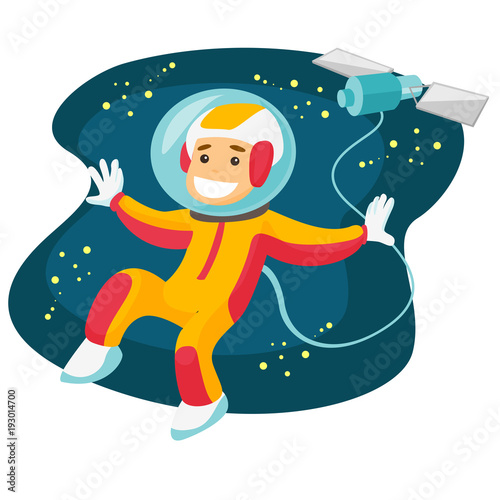 Young caucasian white space exploration astronaut in spacesuit flying in open cosmos on the background of satellite and stars