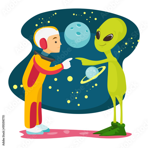 Caucasian white space exploration astronaut and green alien meet for the first time
