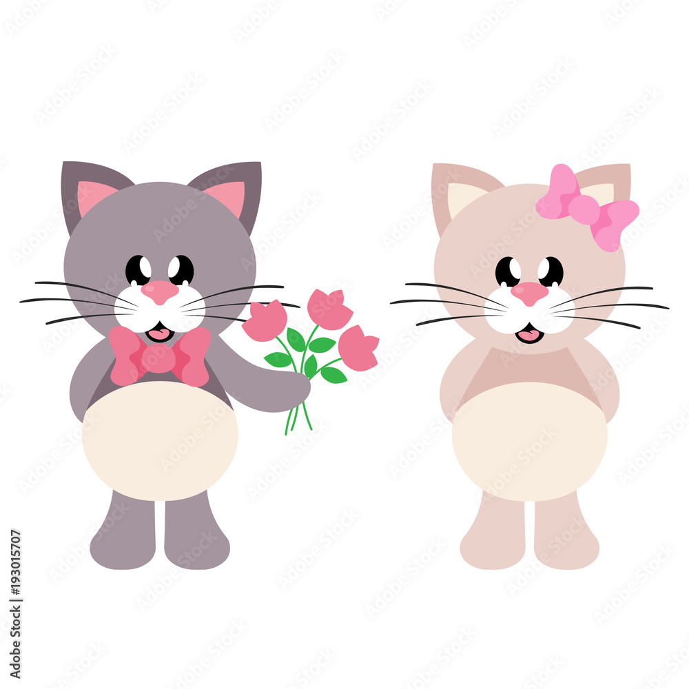 cartoon cute cat with tie and flowers and cat girl