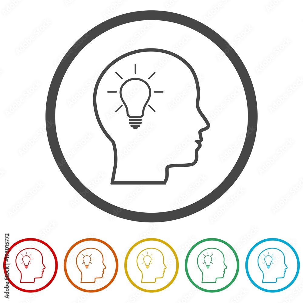 Human head with light bulb icon, 6 Colors Included Human head with light bulb icon, 6 Colors Included