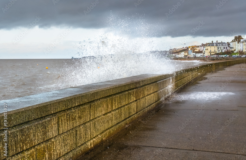 wave crashed over sea wall in Herne Bay, Kent, Uk