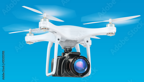 Drone with camera in the blue sky, 3D rendering