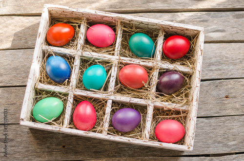 Easter eggs in a wooden box with hay