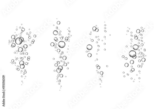  Underwater fizzing air transparent  bubbles flow on white  background.
