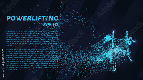 Weightlifter of the particles. Powerlifter consists of dots and circles. Blue powerlifting on dark background.