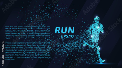 Run out of particles. The runner consists of dots and circles. Blue runner on a dark background. photo