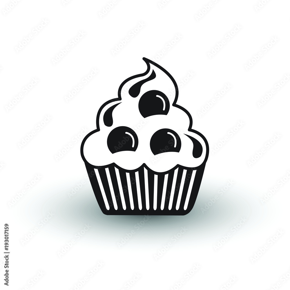 cute cup cake dessert icon black and white vector with shadow, symbol of party, celebration, bakery or sweet food cute cup cake dessert icon black and white vector with shadow, symbol of party, celebration, bakery or sweet food