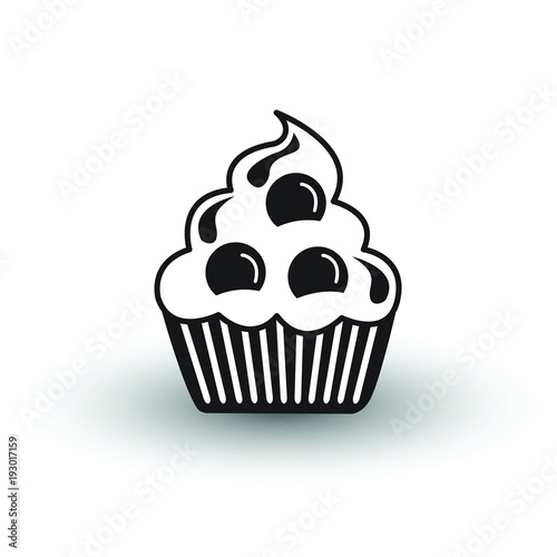 cute cup cake dessert icon black and white vector with shadow  symbol of party  celebration  bakery or sweet food