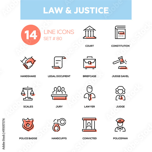 Law and justice - line design icons set