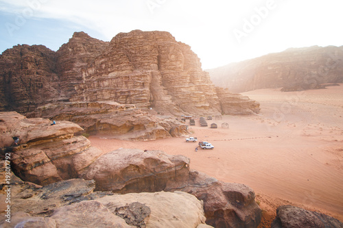 Jordan national park Wadi Rum desert. Beautiful view and panoramatic picture. Natural background. Sunset in a desert. 