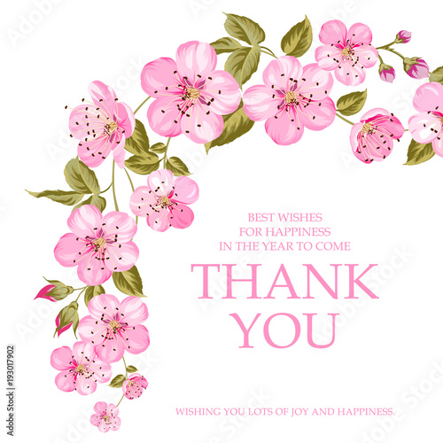 Invitation text card with Thank You sign. Pink flowers garland at the top of holiday card isolated over white background and text place.