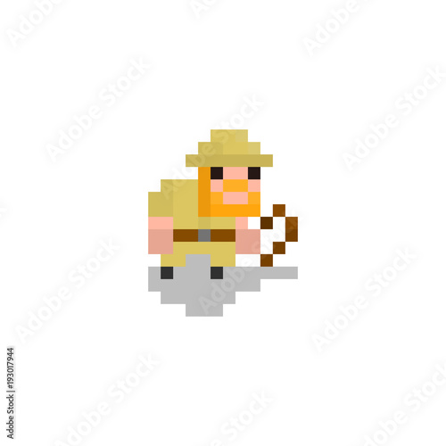Pixel character archaeologist with a whip for games and web sites