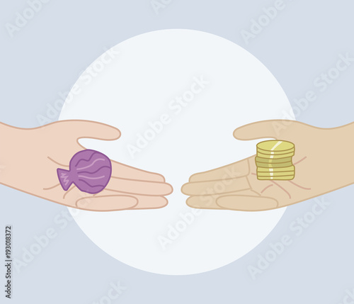 One person changes the shell for a handful of coins on a blue ba