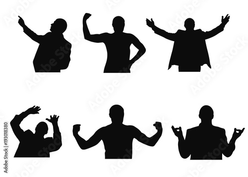 Set of silhouettes of man looking up, meditating, welcoming, having fear and showing muscles for different situations.
