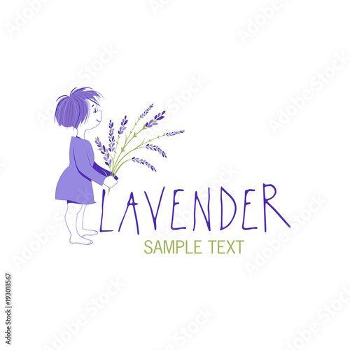 Fototapeta Naklejka Na Ścianę i Meble -  Little girl with lavender bouquet. Logo design. Text hand drawn.