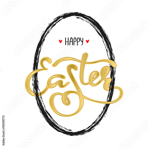 Happy easter text lettering with gold glitter paschal egg on white background