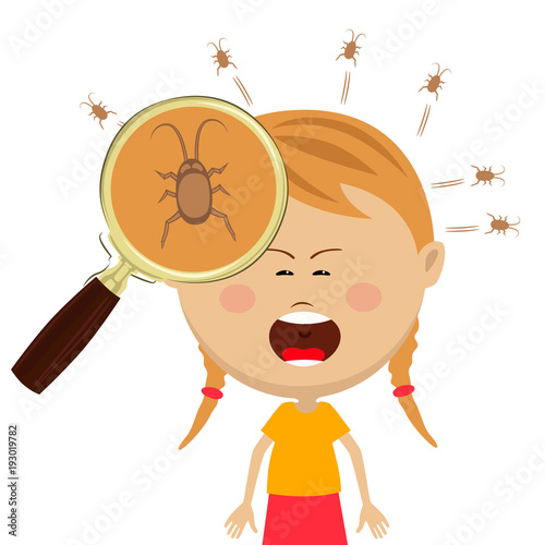 Magnifying glass shows lice in the head of cryng little girl