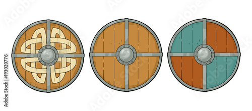Set wood round shields with viking runes, iron border. Engraving