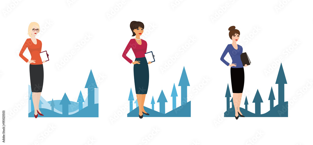 Set of character business woman on background of growing up 
charts.
