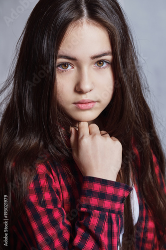 closeup portrait teenager girl. Girl brunette asian.