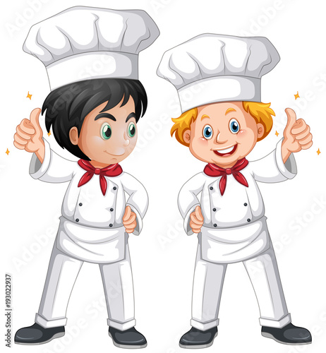 Two male chef in white costume