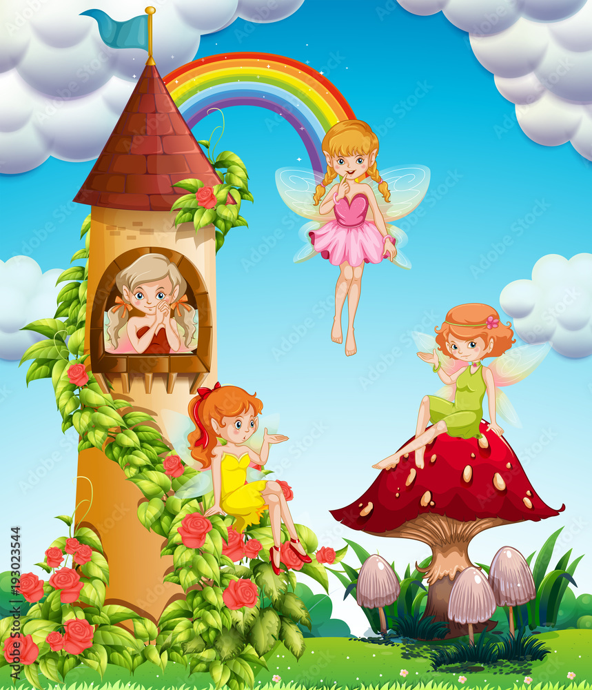 Fototapeta Four fairies flying in garden at day time