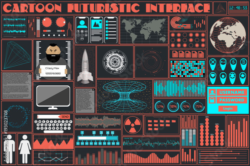 Flat interface in the style of a cartoon HUD. infographic, data, technology elements in the style Ui.Futuristic user interface, cartoon interface, Flat interface dashboard. Modern equipment 2D style