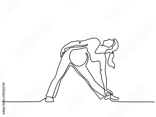 Continuous line drawing. Happy pregnant woman making yoga exercise, silhouette picture. Vector illustration