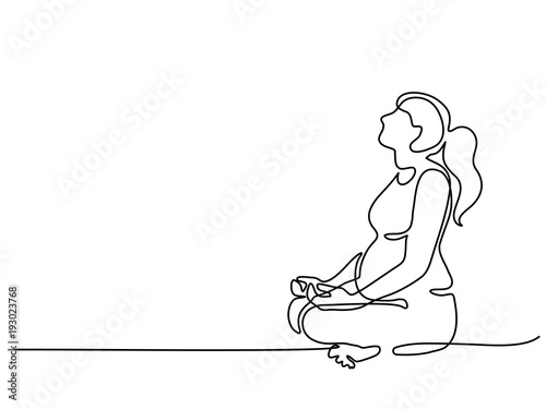 Continuous line drawing. Happy pregnant woman making yoga exercise, silhouette picture. Vector illustration