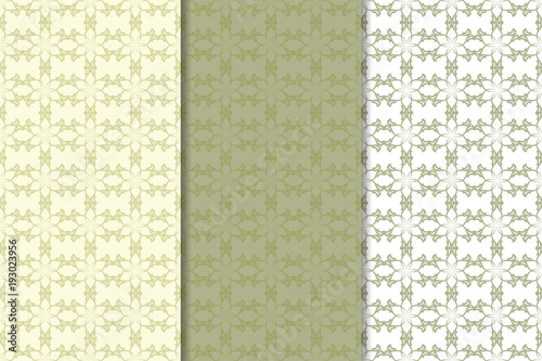 Set of olive green floral backgrounds. Seamless patterns