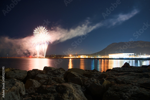 Denia port with castle and mountain montgo hill and yacht in alicante province Spain photo