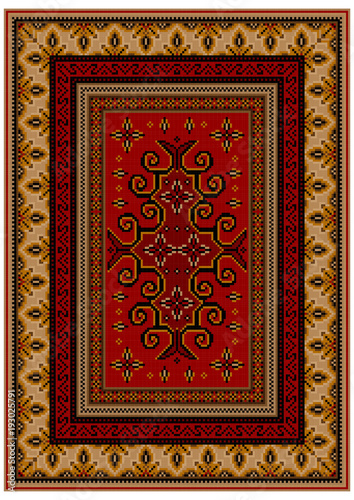 Vintage luxury carpet with yellow edges and ethnic patterns on a red field in the center 