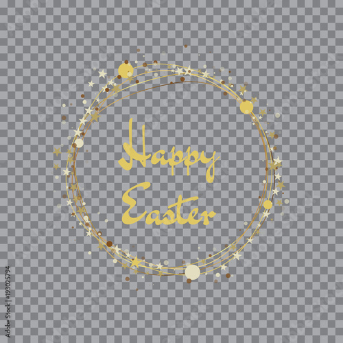 Quote Happy Easter Day in a round gold frame with bow design background. Lettering design. 