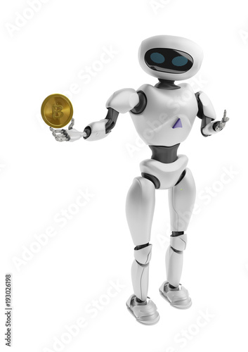 Robot holding Bitcoin. Isolate on white. Crypto Currency.