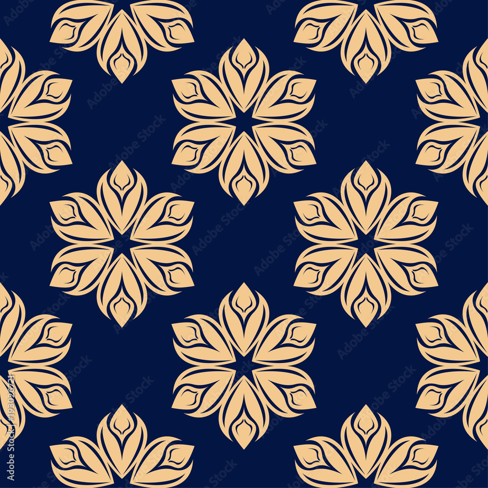 Golden floral seamless pattern on blue background