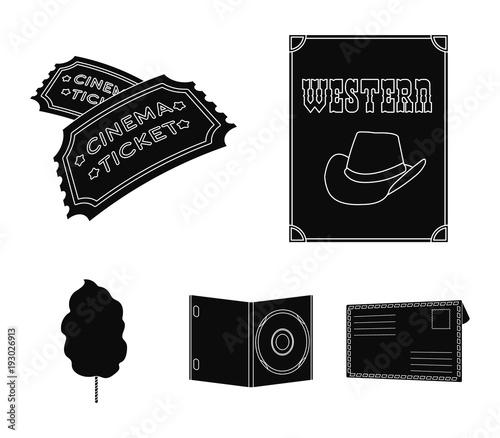 Western cinema, tickets, sweet cotton wool, film on DVD.Filmy and cinema set collection icons in black style vector symbol stock illustration web.