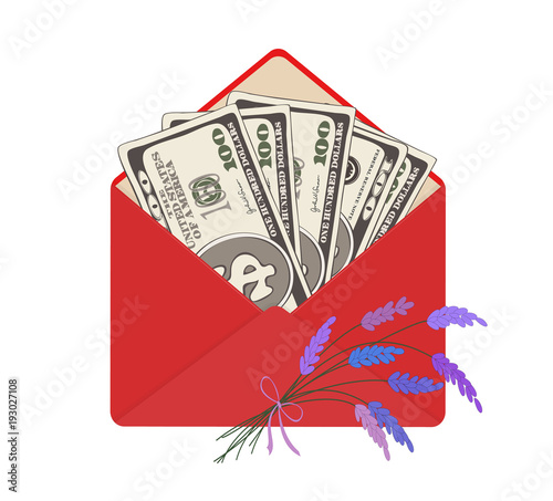 One hundred dollar banknotes in open red envelope with bouquet of lavender.