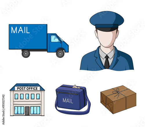 The postman in uniform, mail machine, bag for correspondence, postal office.Mail and postman set collection icons in cartoon style vector symbol stock illustration web.