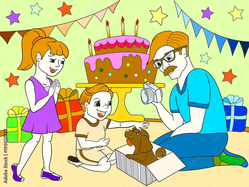 Childrens cartoon color of the holiday. Birthday with gifts, a memorable shot. The boy present a puppy to the boy. Childrens cartoon color of the holiday. Birthday with gifts, a memorable shot. The boy present a puppy to the boy.